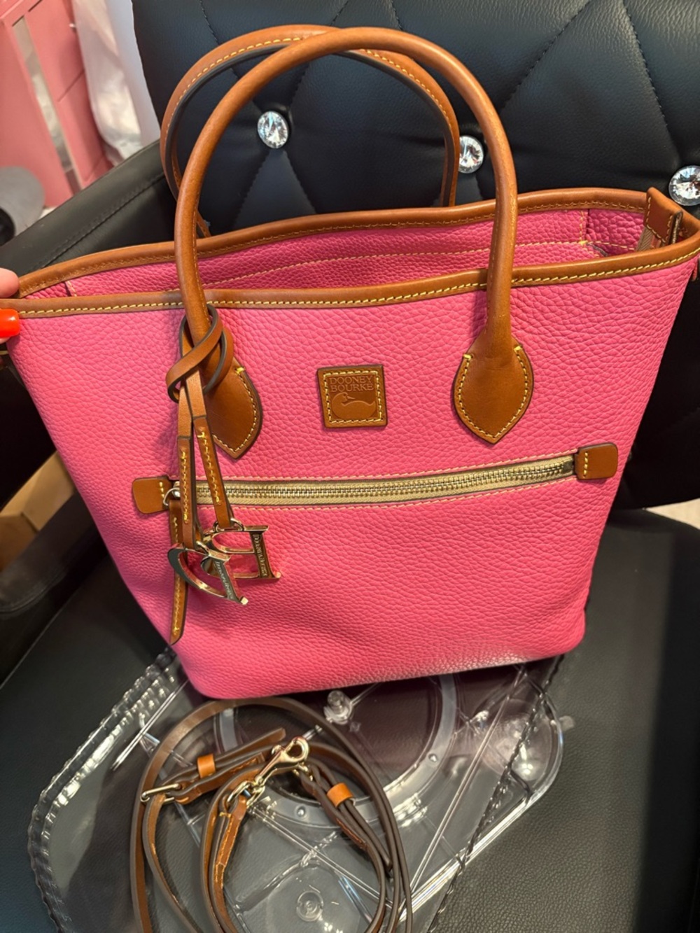 Dooney & Bourke Pink Pebbled Leather Tote with Tan Accents - Picture 2 of 6